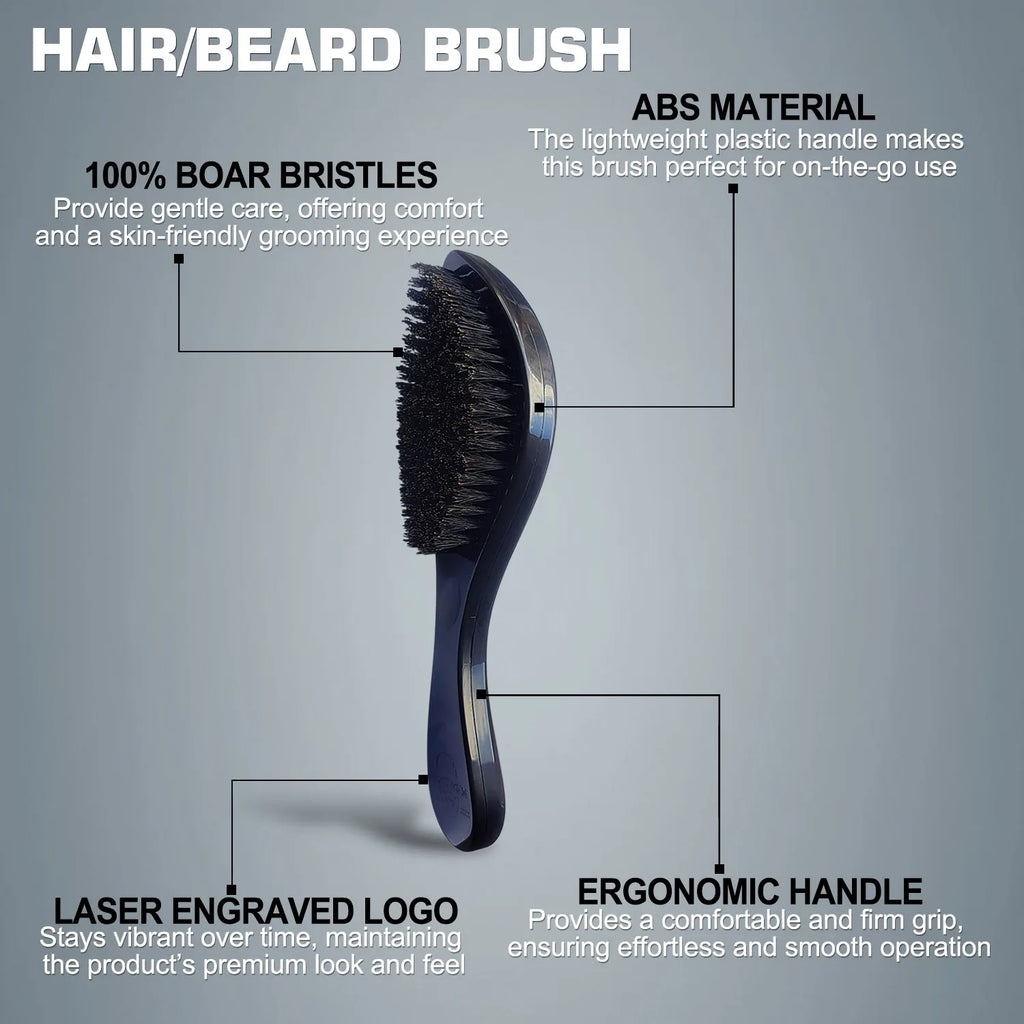 Gracemen Black Beard Brush - Men's 360 Wave Hair Brush Soft 100% Boar Bristles with ABS Handle