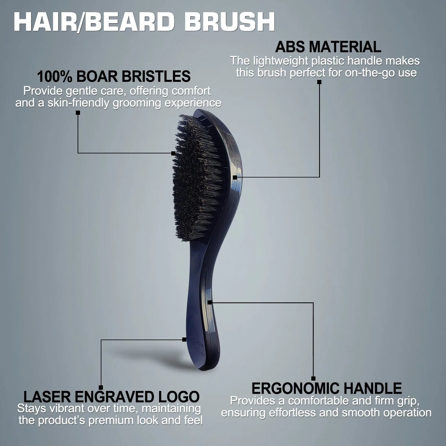 Gracemen Black Beard Brush - Men's 360 Wave Hair Brush Soft 100% Boar Bristles with ABS Handle